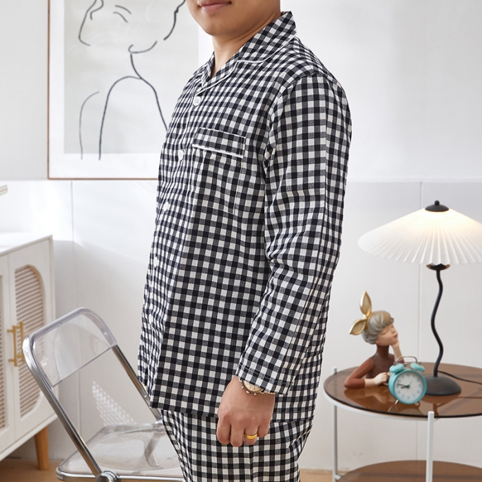 91家纺网 家纺一手货源 找家纺 玖弘 2023新款水洗棉长袖家居服 黑白小格男长袖