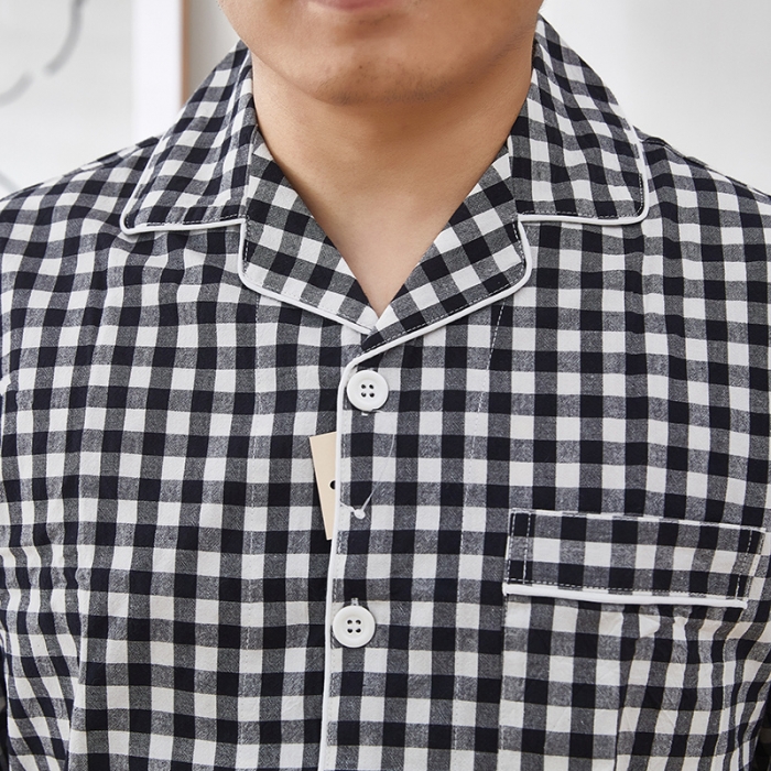 91家纺网 家纺一手货源 找家纺 玖弘 2023新款水洗棉长袖家居服 黑白小格男长袖