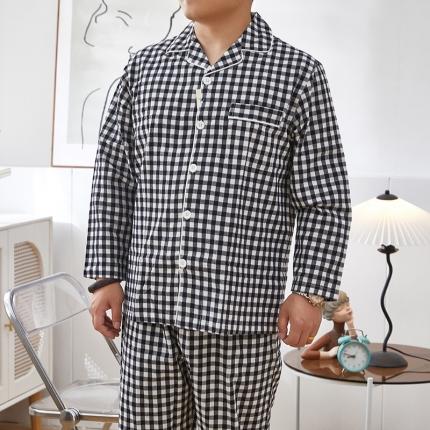 玖弘 2023新款水洗棉长袖家居服 黑白小格男长袖