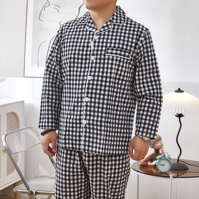 91家纺网 家纺一手货源 找家纺 玖弘 2023新款水洗棉长袖家居服 黑白小格男长袖