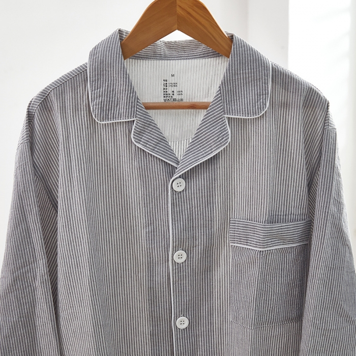 91家纺网 家纺一手货源 找家纺 玖弘 2023新款水洗棉长袖家居服 灰密条男长袖