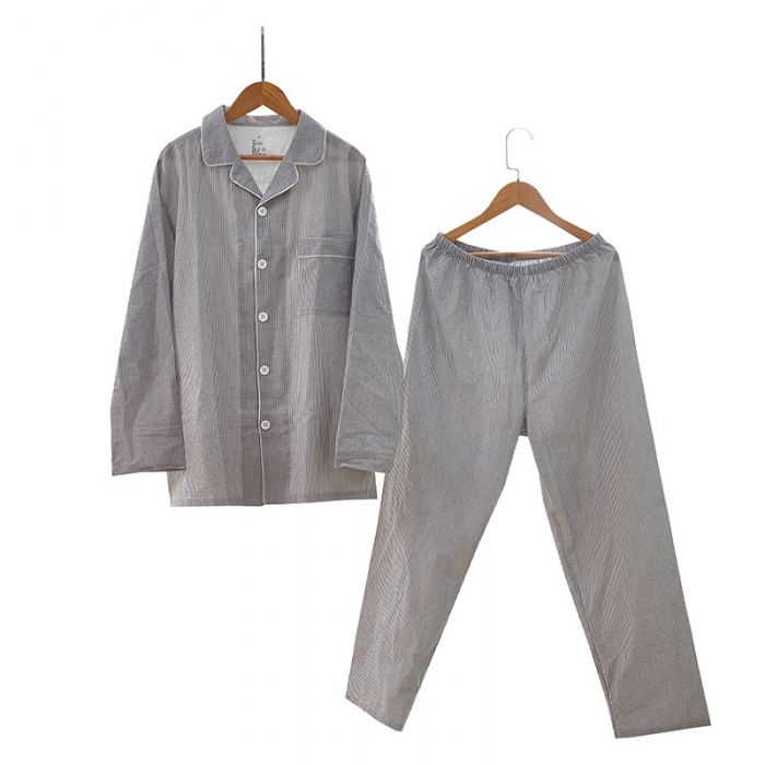 91家纺网 家纺一手货源 找家纺 玖弘 2023新款水洗棉长袖家居服 灰密条男长袖