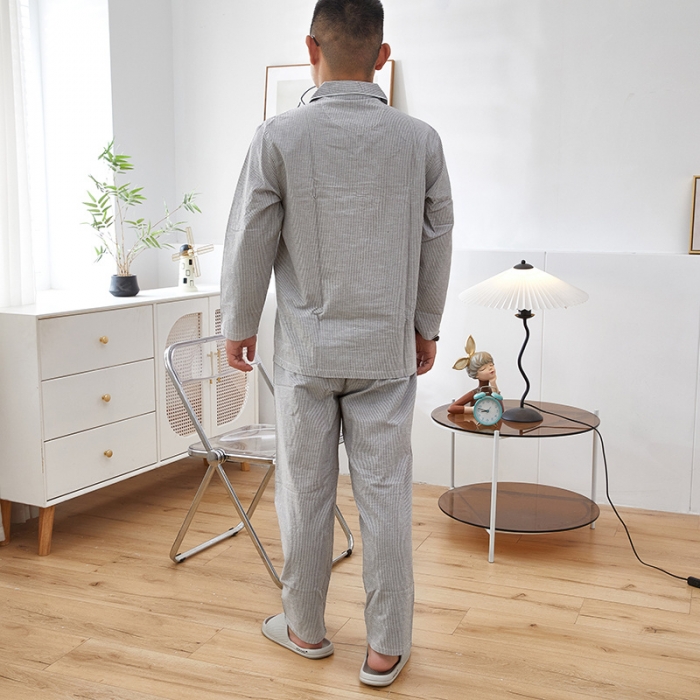 91家纺网 家纺一手货源 找家纺 玖弘 2023新款水洗棉长袖家居服 灰密条男长袖