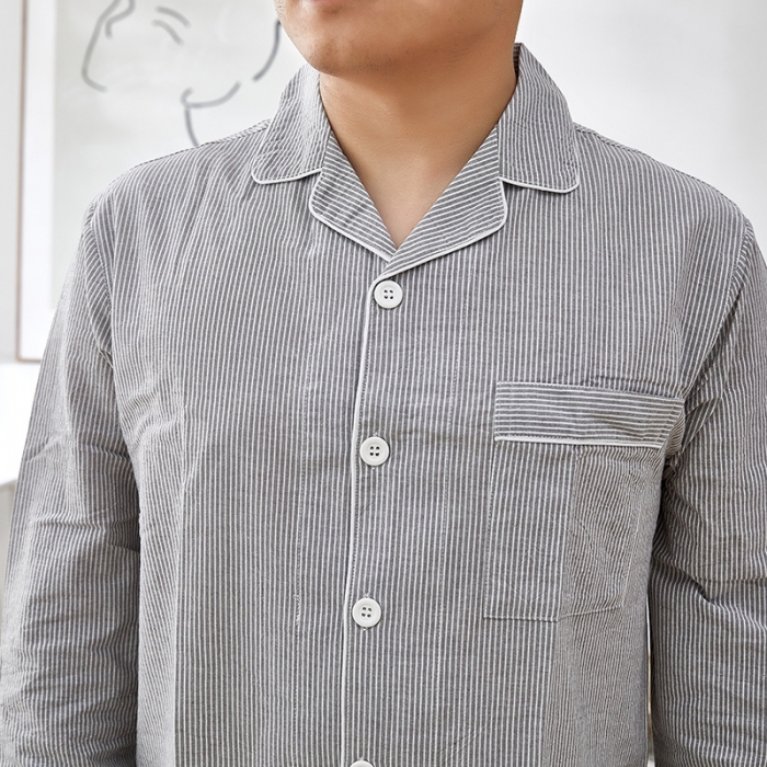 91家纺网 家纺一手货源 找家纺 玖弘 2023新款水洗棉长袖家居服 灰密条男长袖