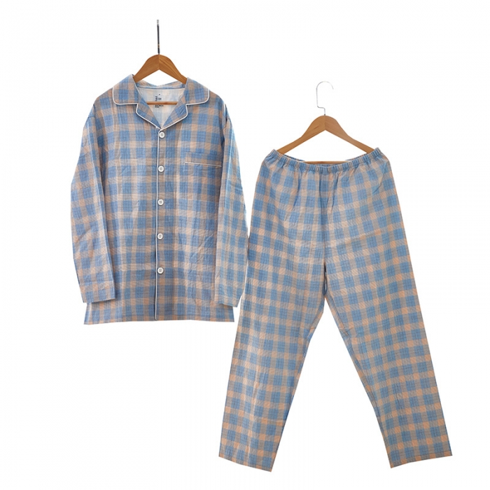 91家纺网 家纺一手货源 找家纺 玖弘 2023新款水洗棉长袖家居服 绿密条男长袖