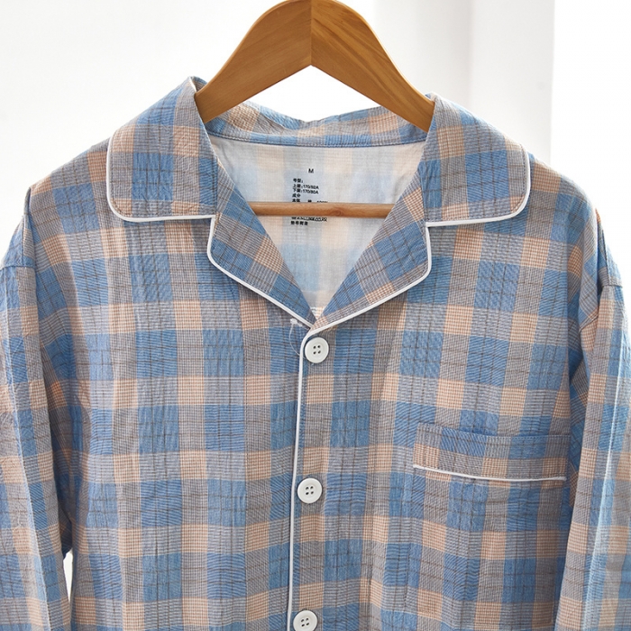 91家纺网 家纺一手货源 找家纺 玖弘 2023新款水洗棉长袖家居服 绿密条男长袖