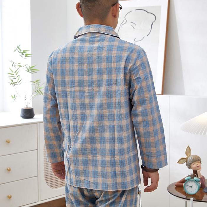 91家纺网 家纺一手货源 找家纺 玖弘 2023新款水洗棉长袖家居服 绿密条男长袖