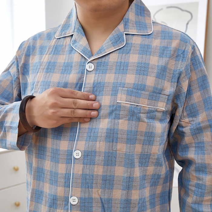 91家纺网 家纺一手货源 找家纺 玖弘 2023新款水洗棉长袖家居服 绿密条男长袖