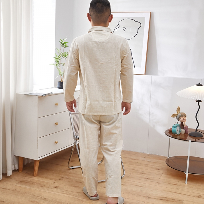 91家纺网 家纺一手货源 找家纺 玖弘 2023新款水洗棉长袖家居服 米密条男长袖