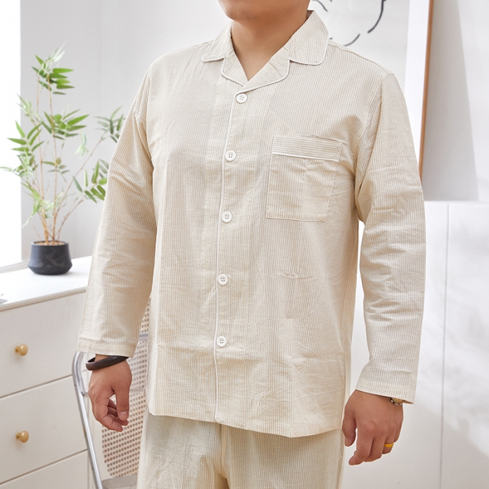 91家纺网 家纺一手货源 找家纺 玖弘 2023新款水洗棉长袖家居服 米密条男长袖