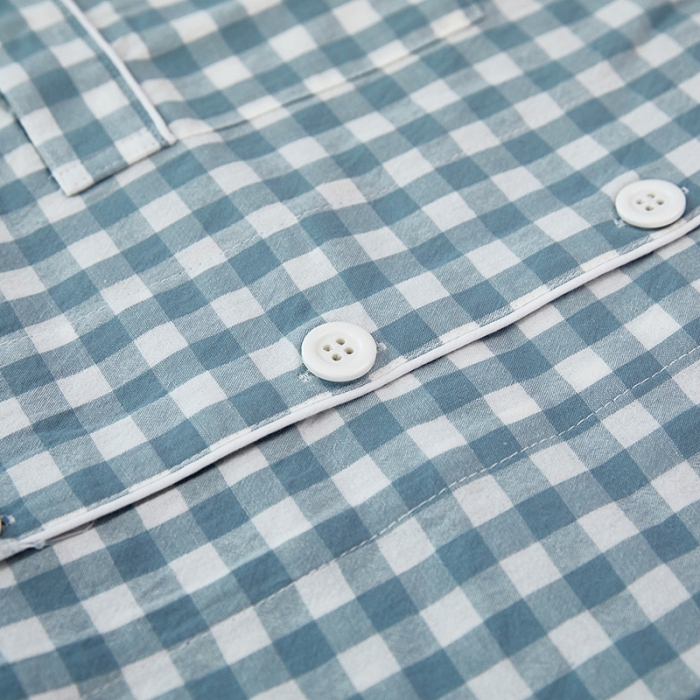 91家纺网 家纺一手货源 找家纺 玖弘 2023新款水洗棉长袖家居服 浅蓝小格男长袖