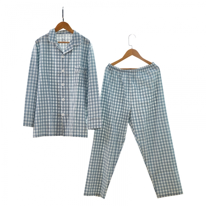 91家纺网 家纺一手货源 找家纺 玖弘 2023新款水洗棉长袖家居服 浅蓝小格男长袖