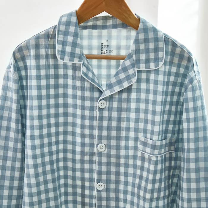 91家纺网 家纺一手货源 找家纺 玖弘 2023新款水洗棉长袖家居服 浅蓝小格男长袖