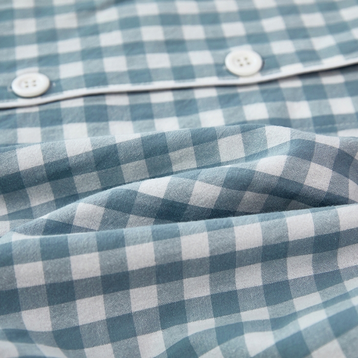 91家纺网 家纺一手货源 找家纺 玖弘 2023新款水洗棉长袖家居服 浅蓝小格男长袖