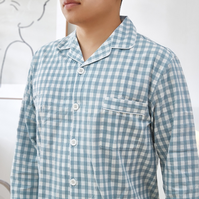 91家纺网 家纺一手货源 找家纺 玖弘 2023新款水洗棉长袖家居服 浅蓝小格男长袖