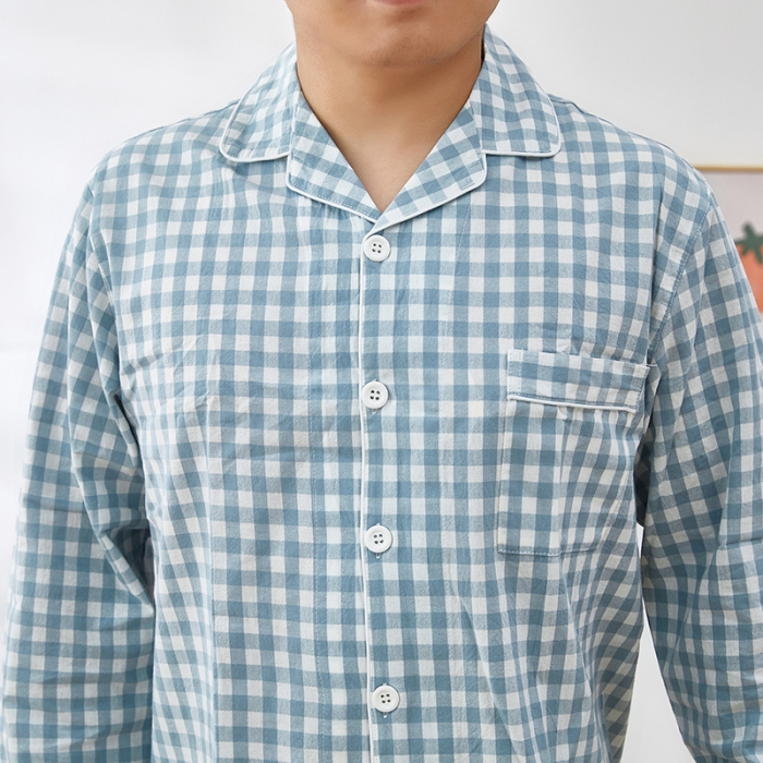 91家纺网 家纺一手货源 找家纺 玖弘 2023新款水洗棉长袖家居服 浅蓝小格男长袖