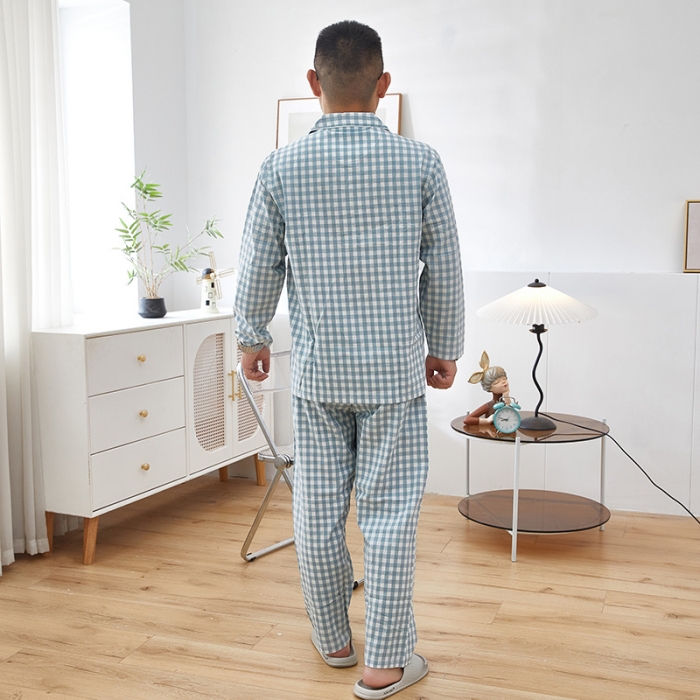 91家纺网 家纺一手货源 找家纺 玖弘 2023新款水洗棉长袖家居服 浅蓝小格男长袖