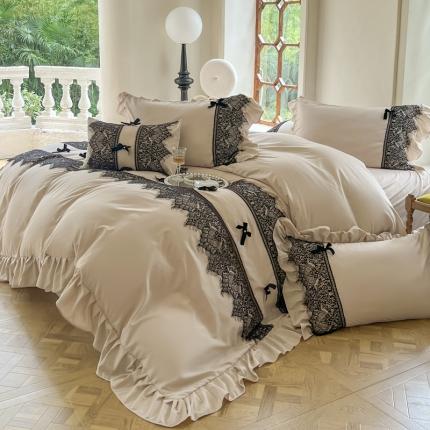 91家纺网 家纺一手货源 找家纺 豪美鑫 2025新款亲肤棉蕾丝花边四件套-爱丽丝系列 爱丽丝-卡其