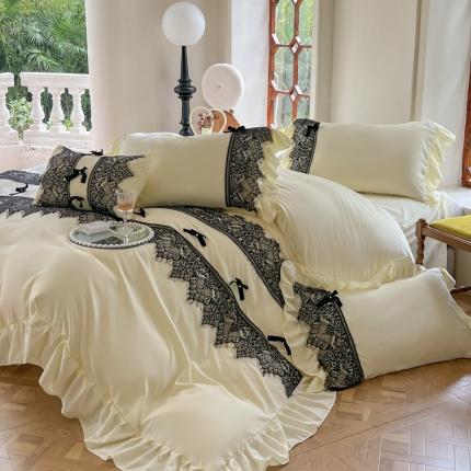 91家纺网 家纺一手货源 找家纺 豪美鑫 2025新款亲肤棉蕾丝花边四件套-爱丽丝系列 爱丽丝-奶油黄