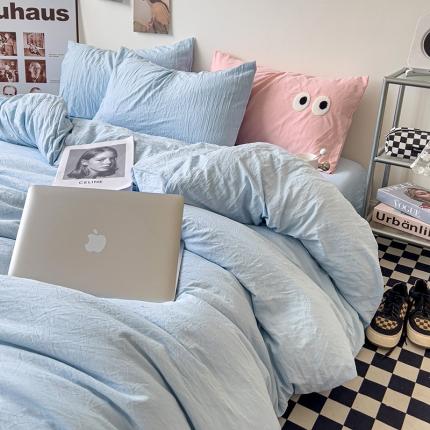 91家纺网 家纺一手货源 找家纺 水墨江南 2023新款超柔水洗棉简约纯色四件套 碧蓝