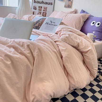 91家纺网 家纺一手货源 找家纺 水墨江南 2023新款超柔水洗棉简约纯色四件套 浅粉