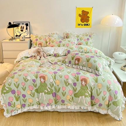 91家纺网 家纺一手货源 找家纺 梵克保罗 2024秋冬新品韩版印花牛奶绒花边款四件套 绿野仙踪