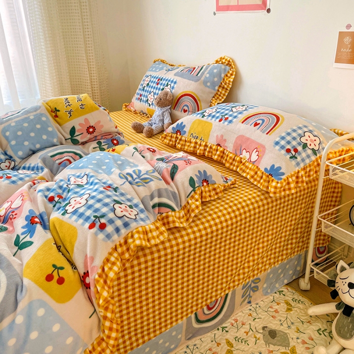 91家纺网 家纺一手货源 找家纺 梵克保罗 2024秋冬新品韩版印花牛奶绒花边款四件套 彩虹乐园