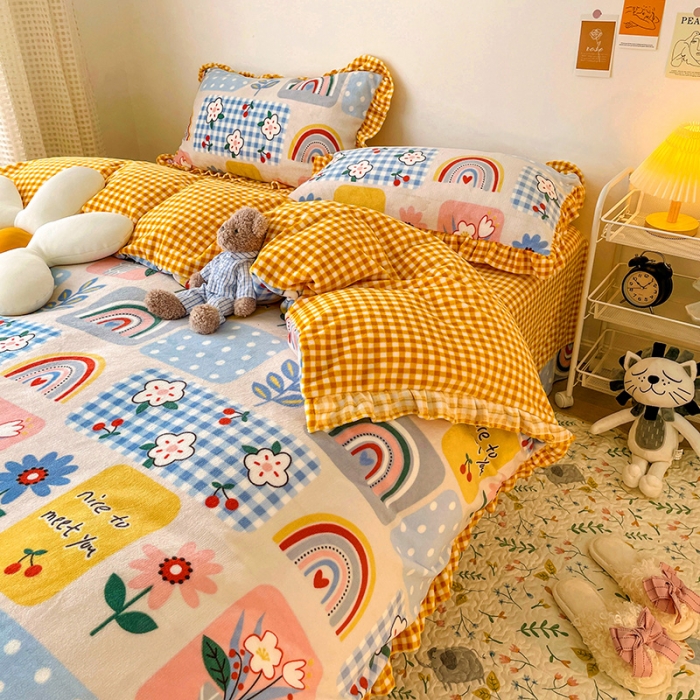 91家纺网 家纺一手货源 找家纺 梵克保罗 2024秋冬新品韩版印花牛奶绒花边款四件套 彩虹乐园