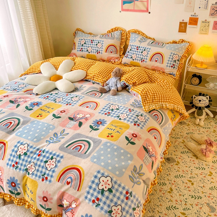 91家纺网 家纺一手货源 找家纺 梵克保罗 2024秋冬新品韩版印花牛奶绒花边款四件套 彩虹乐园