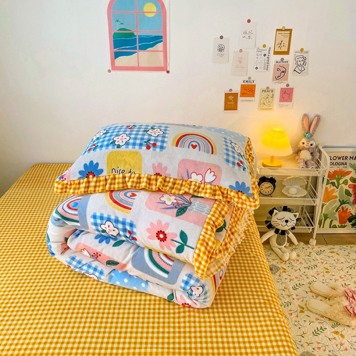 91家纺网 家纺一手货源 找家纺 梵克保罗 2024秋冬新品韩版印花牛奶绒花边款四件套 彩虹乐园