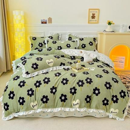 梵克保罗 2024秋冬新品韩版印花牛奶绒花边款四件套 莫奈