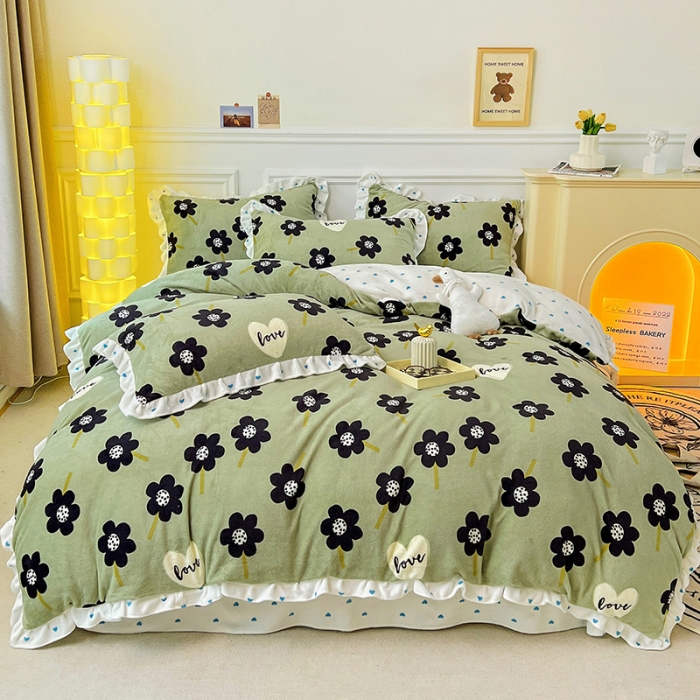 91家纺网 家纺一手货源 找家纺 梵克保罗 2024秋冬新品韩版印花牛奶绒花边款四件套 莫奈