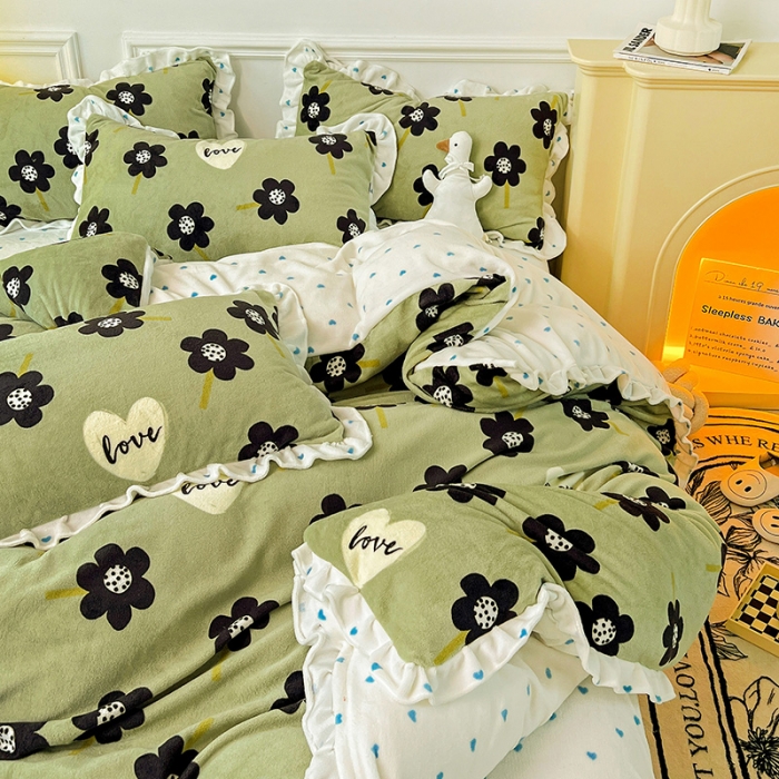 91家纺网 家纺一手货源 找家纺 梵克保罗 2024秋冬新品韩版印花牛奶绒花边款四件套 莫奈