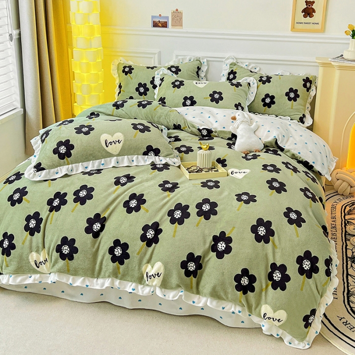 91家纺网 家纺一手货源 找家纺 梵克保罗 2024秋冬新品韩版印花牛奶绒花边款四件套 莫奈