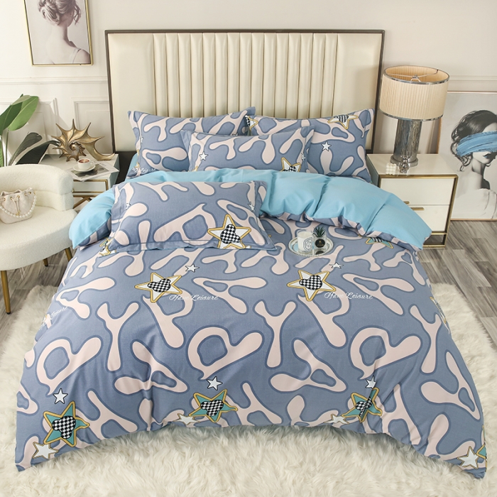 91家纺网 家纺一手货源 找家纺 金纱玉纺家纺 2023新款纯棉加厚AB版四件套 灵动字母-蓝