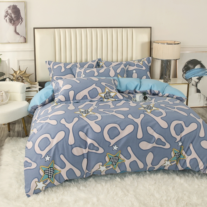 91家纺网 家纺一手货源 找家纺 金纱玉纺家纺 2023新款纯棉加厚AB版四件套 灵动字母-蓝