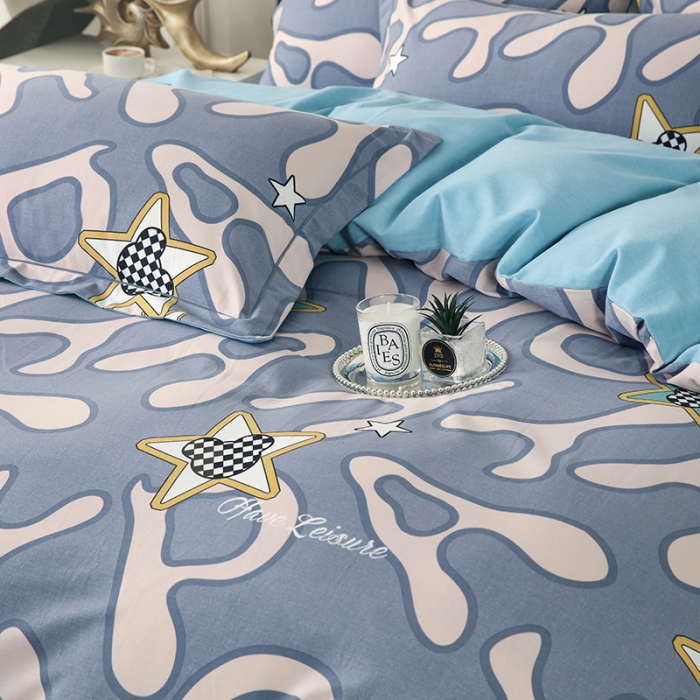 91家纺网 家纺一手货源 找家纺 金纱玉纺家纺 2023新款纯棉加厚AB版四件套 灵动字母-蓝