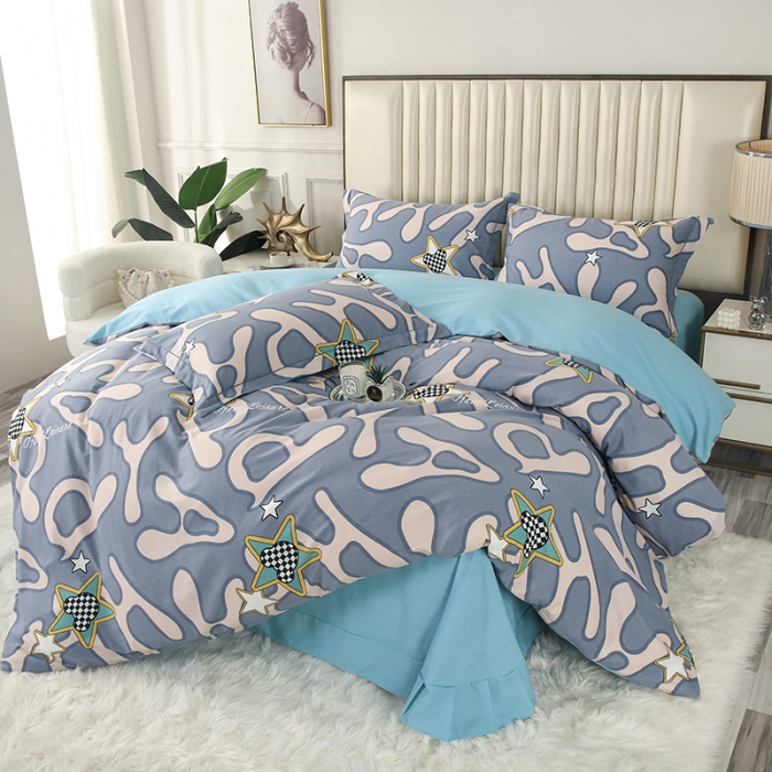 91家纺网 家纺一手货源 找家纺 金纱玉纺家纺 2023新款纯棉加厚AB版四件套 灵动字母-蓝