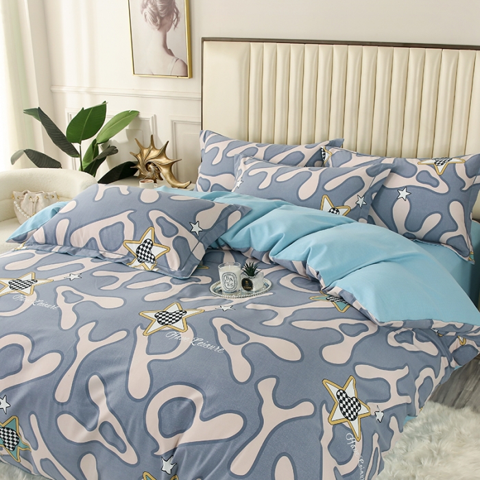 91家纺网 家纺一手货源 找家纺 金纱玉纺家纺 2023新款纯棉加厚AB版四件套 灵动字母-蓝