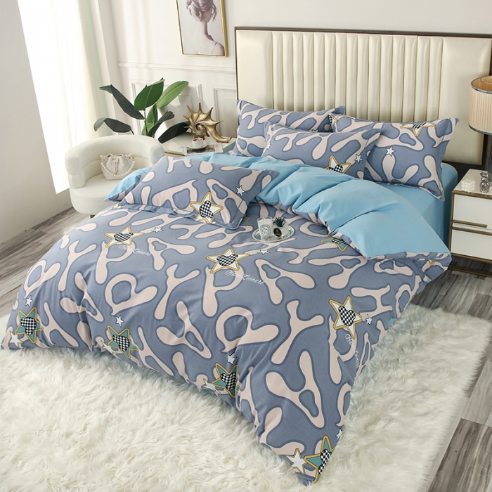 91家纺网 家纺一手货源 找家纺 金纱玉纺家纺 2023新款纯棉加厚AB版四件套 灵动字母-蓝