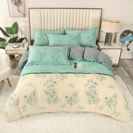 91家纺网 家纺一手货源 找家纺 金纱玉纺家纺 2023新款纯棉加厚AB版四件套 绿风铃-绿