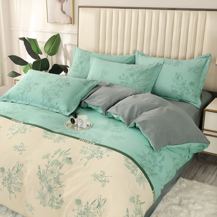 91家纺网 家纺一手货源 找家纺 金纱玉纺家纺 2023新款纯棉加厚AB版四件套 绿风铃-绿