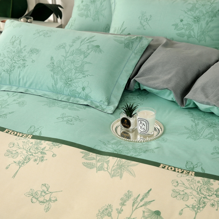 91家纺网 家纺一手货源 找家纺 金纱玉纺家纺 2023新款纯棉加厚AB版四件套 绿风铃-绿