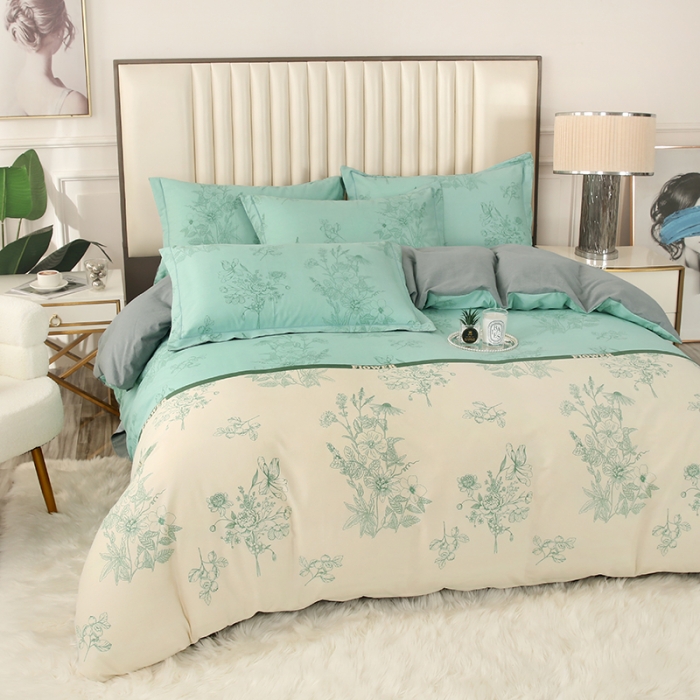 91家纺网 家纺一手货源 找家纺 金纱玉纺家纺 2023新款纯棉加厚AB版四件套 绿风铃-绿