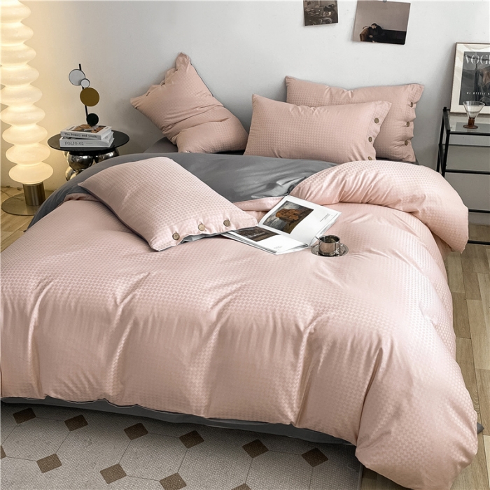 91家纺网 家纺一手货源 找家纺 古吉梦 2023新款A类抗菌防螨纽扣提花四件套磨毛秋冬款 豆沙粉+流光灰