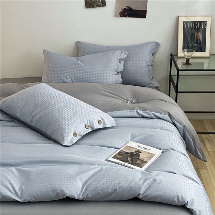 91家纺网 家纺一手货源 找家纺 古吉梦 2023新款A类抗菌防螨纽扣提花四件套磨毛秋冬款 海青+浅灰