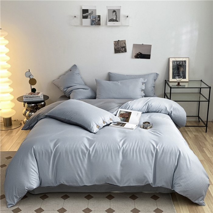 91家纺网 家纺一手货源 找家纺 古吉梦 2023新款A类抗菌防螨纽扣提花四件套磨毛秋冬款 海青+浅灰