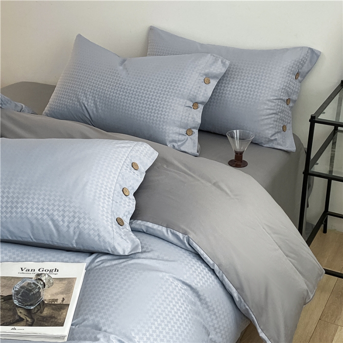 91家纺网 家纺一手货源 找家纺 古吉梦 2023新款A类抗菌防螨纽扣提花四件套磨毛秋冬款 海青+浅灰