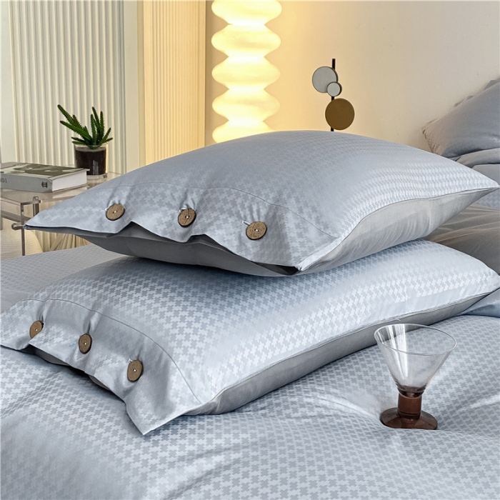 91家纺网 家纺一手货源 找家纺 古吉梦 2023新款A类抗菌防螨纽扣提花四件套磨毛秋冬款 海青+浅灰