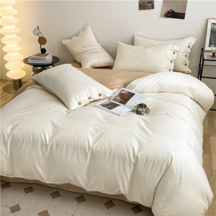 古吉梦 2023新款A类抗菌防螨纽扣提花四件套磨毛秋冬款 奶昔白+香槟金